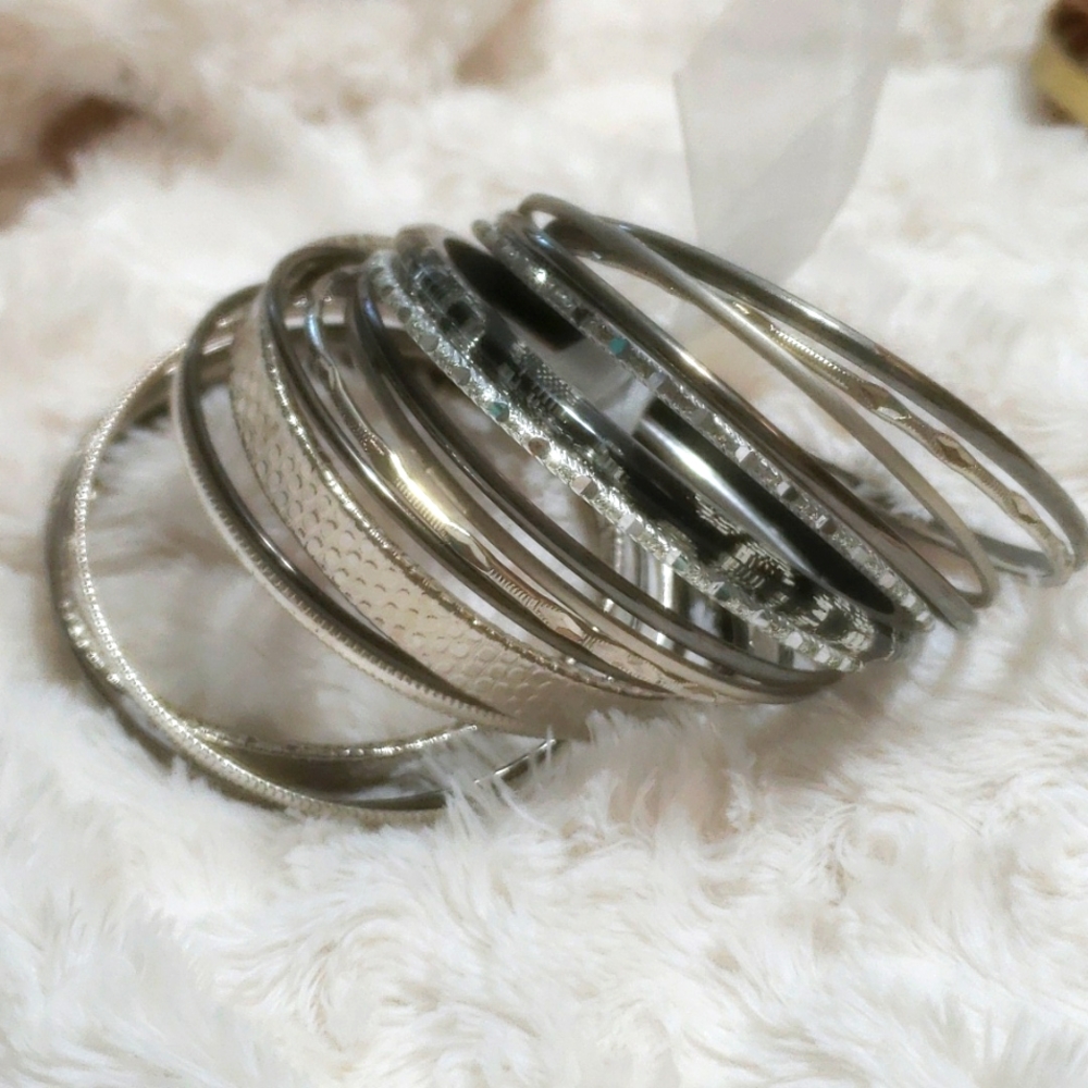 Women's Natasha Set of Bangles, Black, Silver, Satin. 2.75" Diameter Opening.